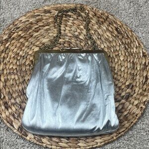Vintage Silver Fabric 60’s Bag Clutch Purse Gold Chain